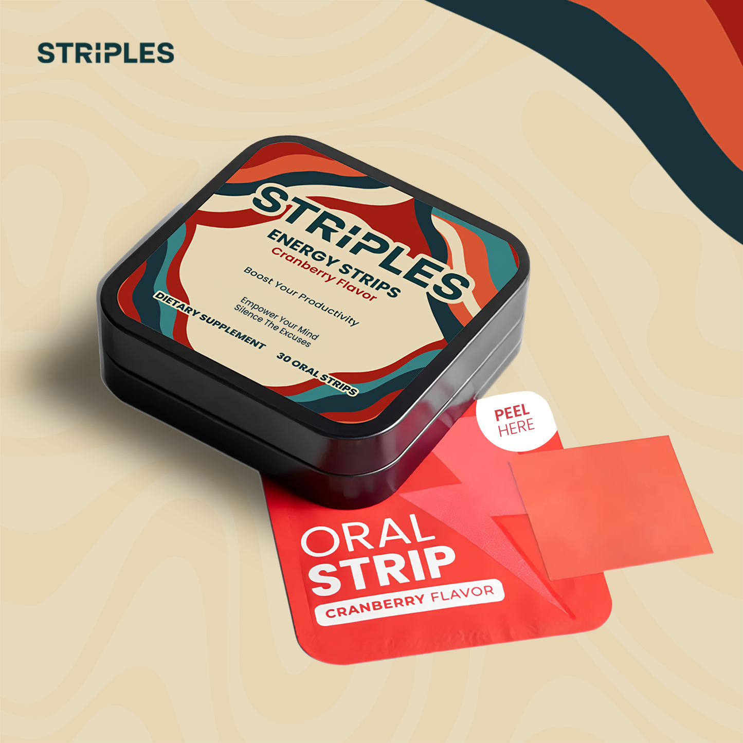 STRIPLES Energy Strips cranberry-flavor tin with oral strip for mental energy and focus