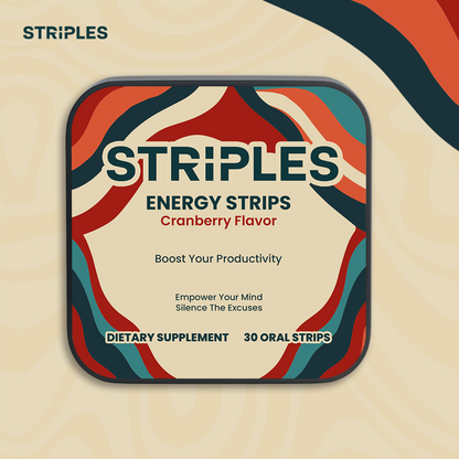 STRIPLES Energy Strips cranberry flavor packaging: natural supplement for energy and productivity