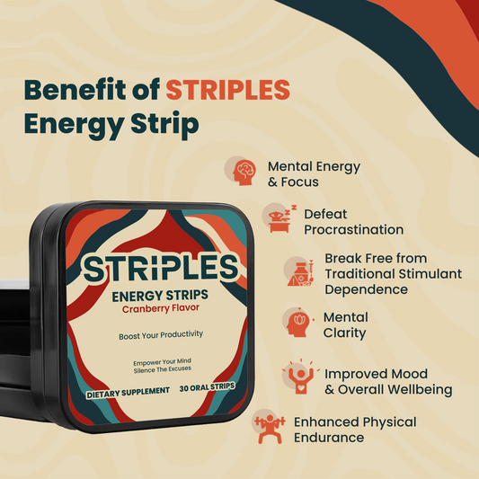 Benefits of STRIPLES Energy Strips cranberry tin—mental energy, focus, clarity