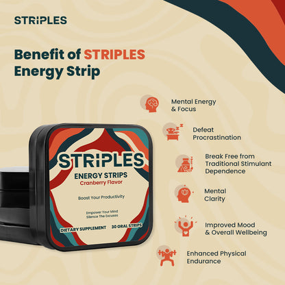 Benefits of STRIPLES Energy Strips cranberry tin—mental energy, focus, clarity