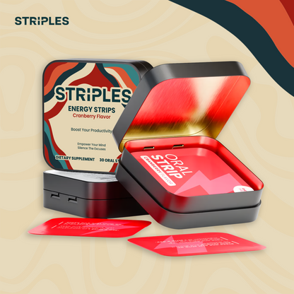STRIPLES Energy Strips cranberry flavor packaging: oral strips supplement for energy and focus
