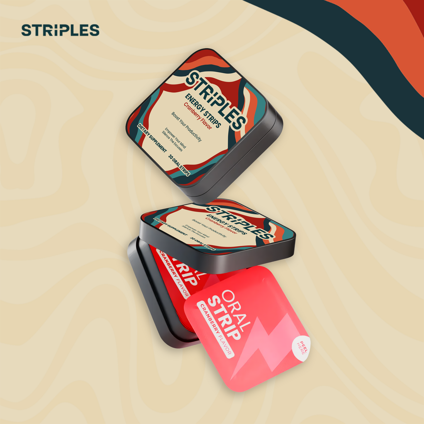 Open pack of STRIPLES Energy Strips cranberry flavor: natural supplement for productivity and mental clarity