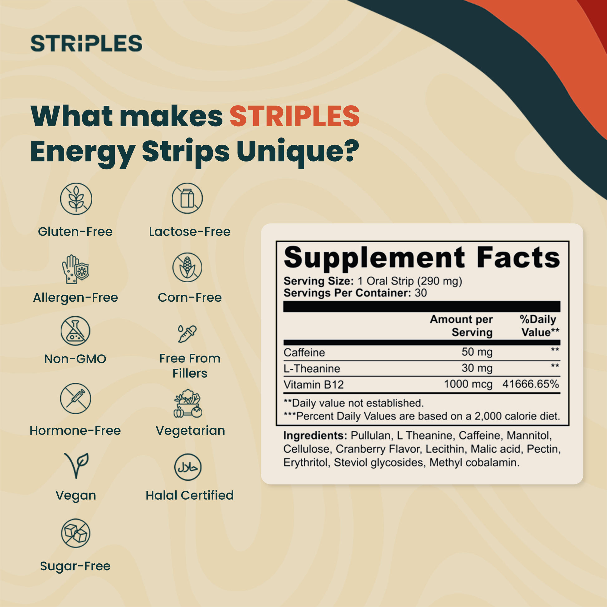 Unique STRIPLES Energy Strips features for mental energy—gluten-free, free - sugar and vegan clean formula with supplement facts panel