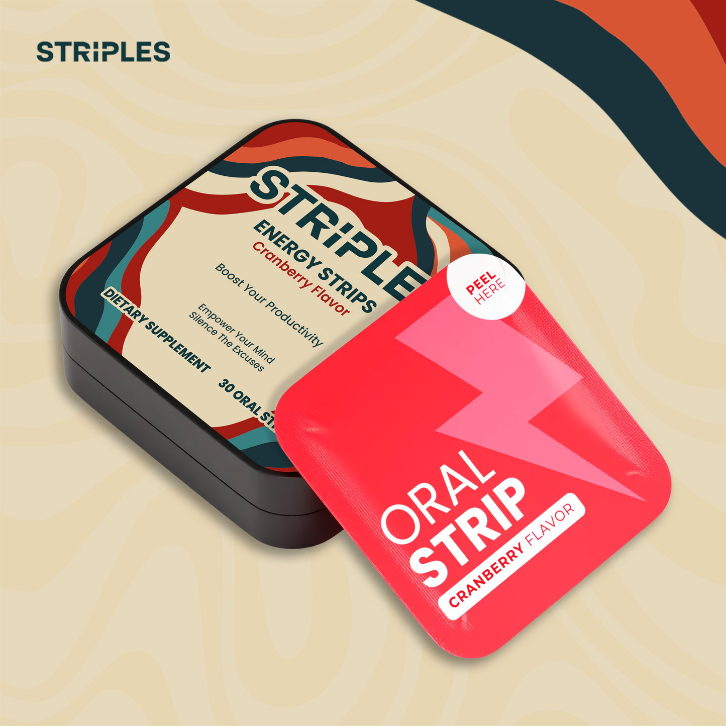 Open pack of STRIPLES Energy Strips cranberry: convenient oral energy strips for focus and vitality
