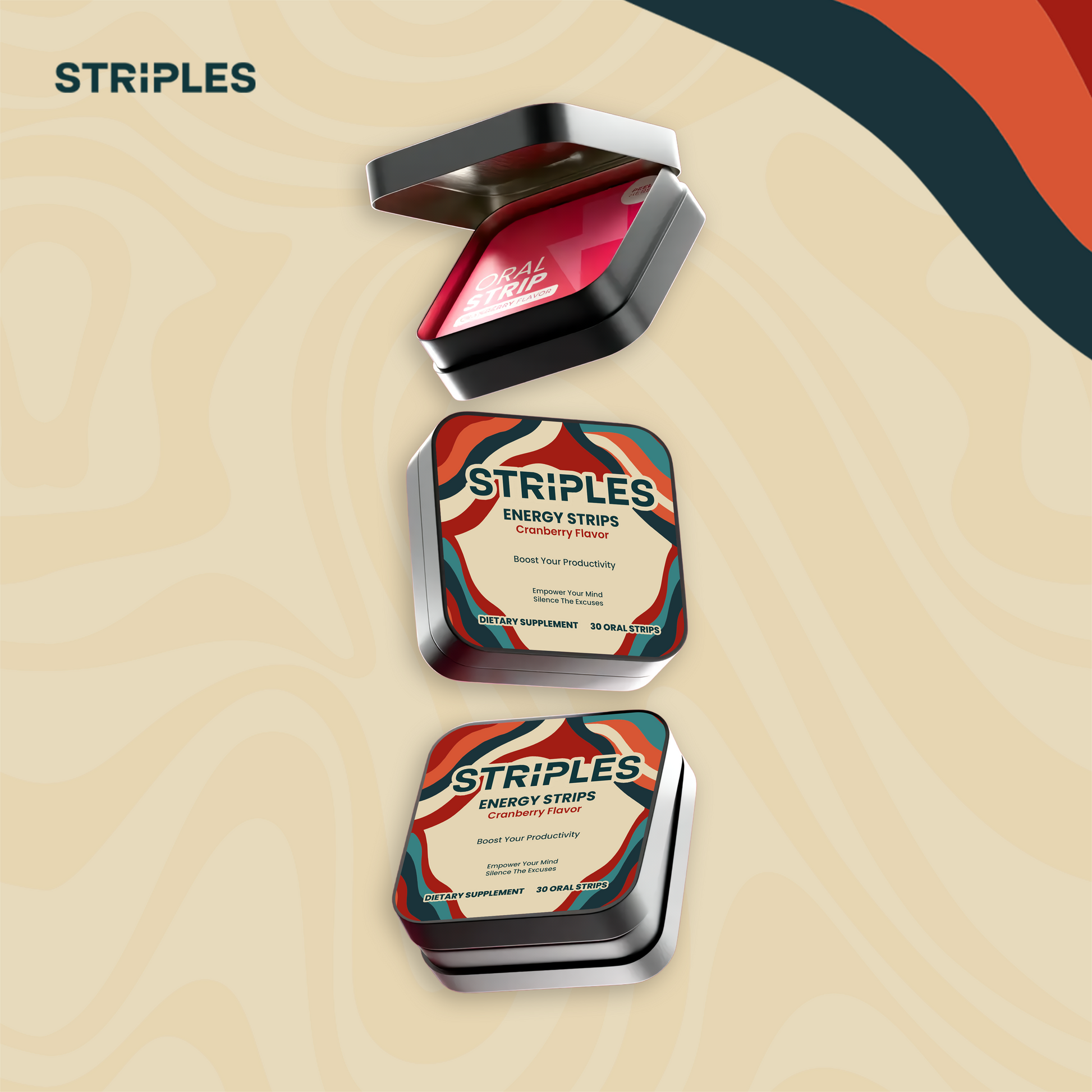 STRIPLES Energy Strips cranberry flavor: energizing oral strips packaging and product display for focus and wellness